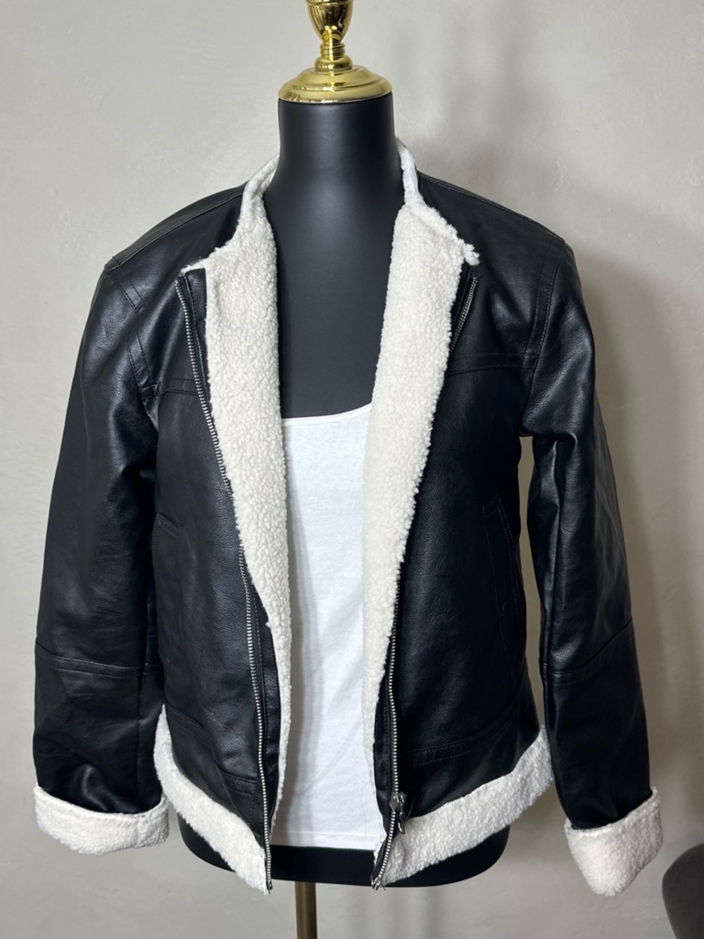 Sebby Black Faux Leather Jacket with White Sherpa Trim